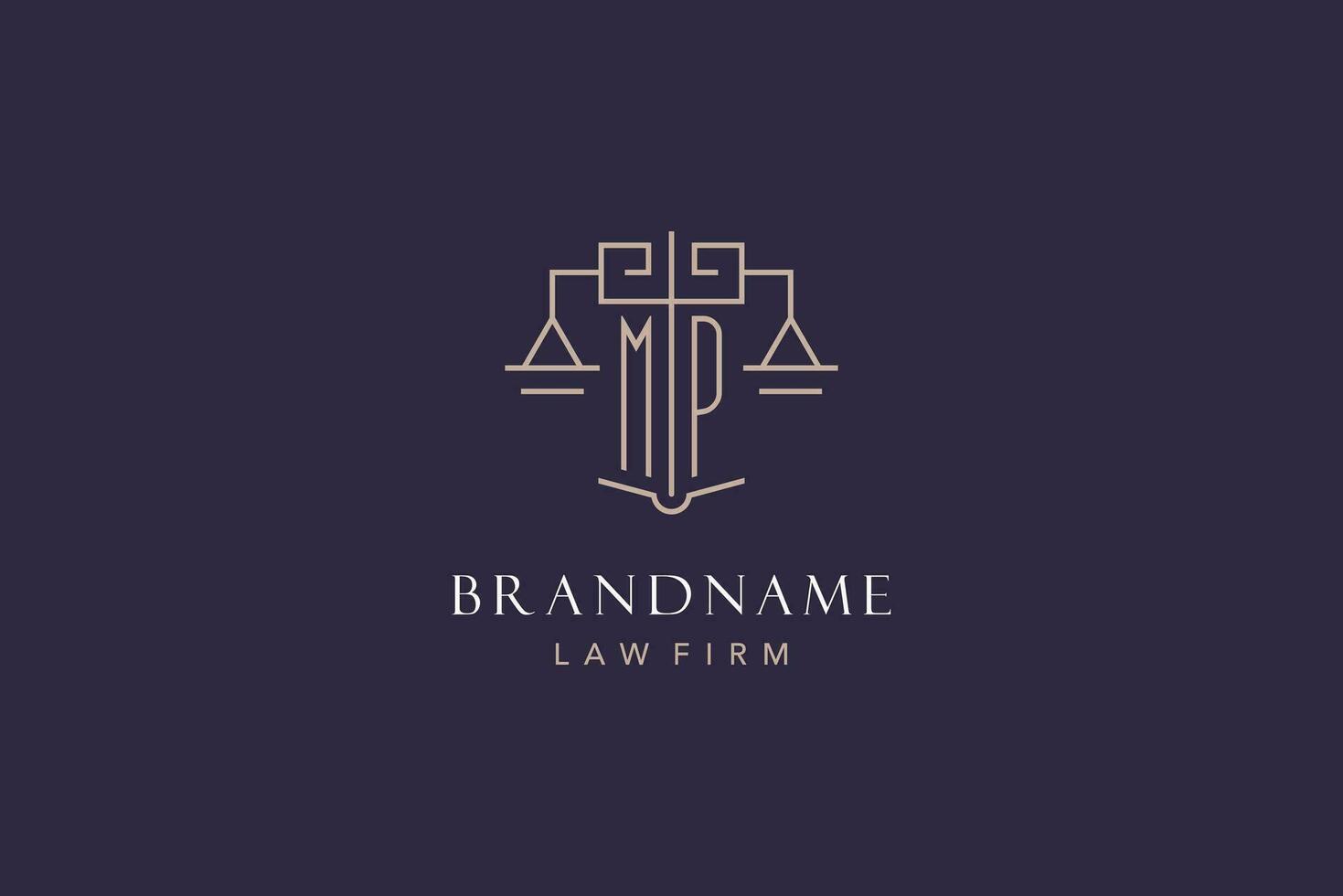 Initial letter MP logo with scale of justice logo design, luxury legal logo geometric style vector