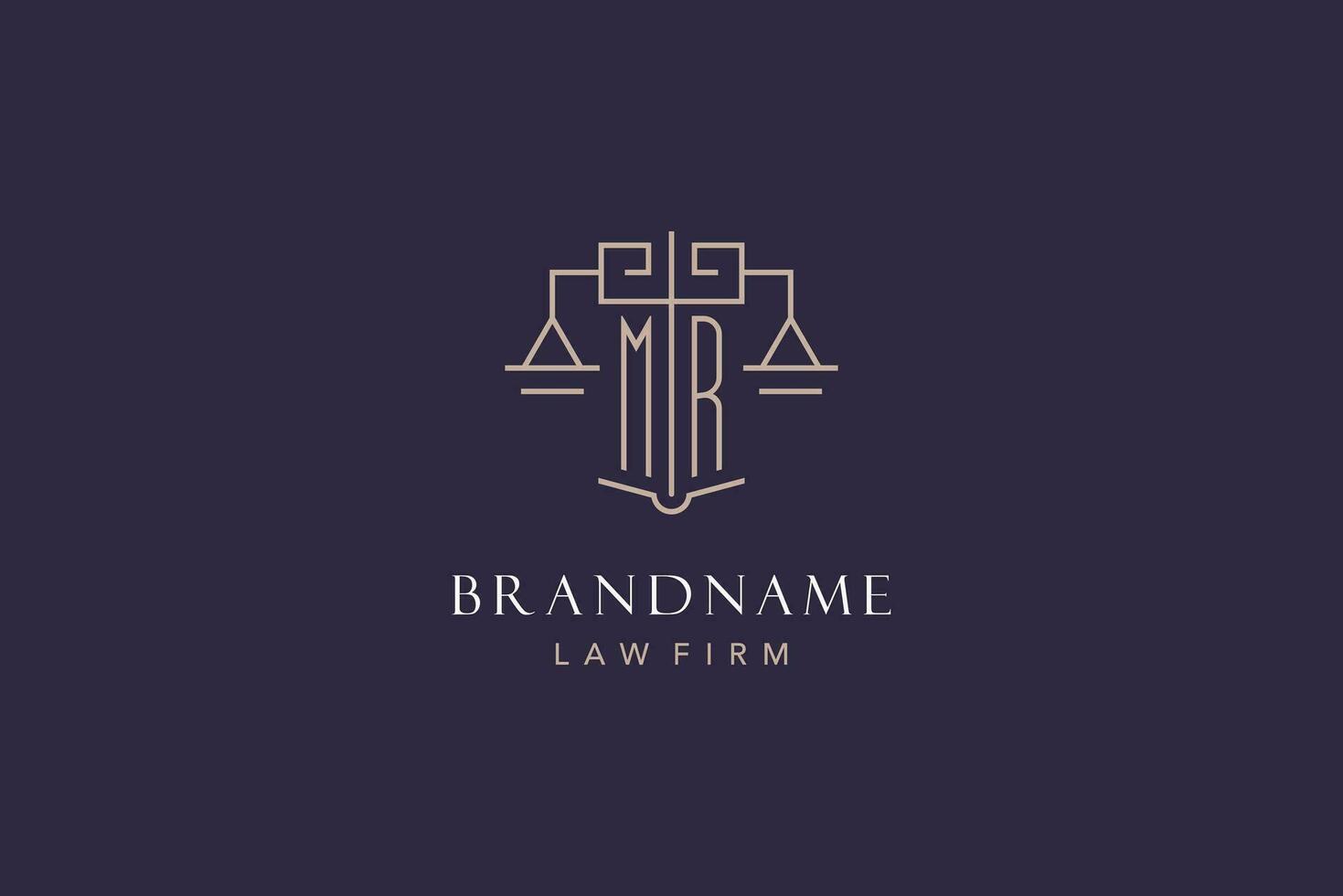 Initial letter MR logo with scale of justice logo design, luxury legal logo geometric style vector