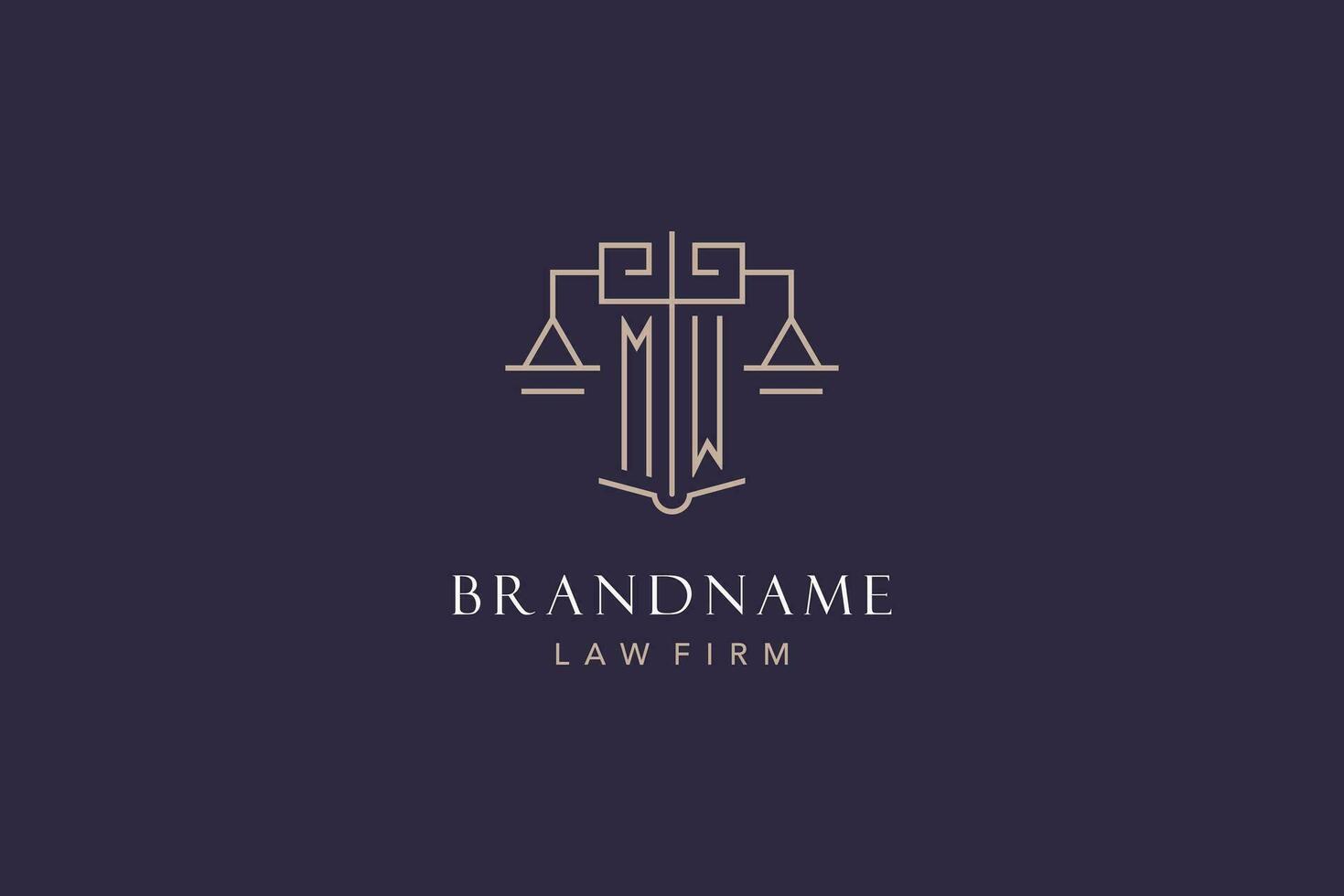 Initial letter MW logo with scale of justice logo design, luxury legal logo geometric style vector