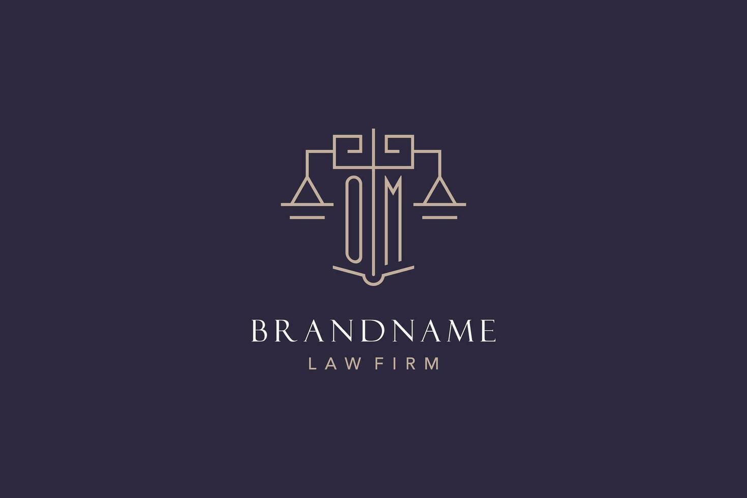 Initial letter OM logo with scale of justice logo design, luxury legal logo geometric style vector