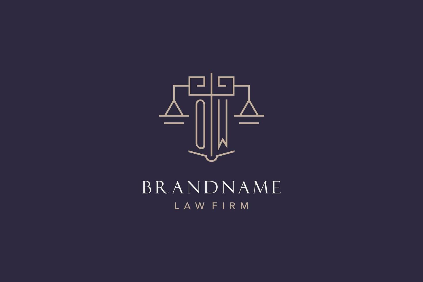 Initial letter OW logo with scale of justice logo design, luxury legal logo geometric style vector