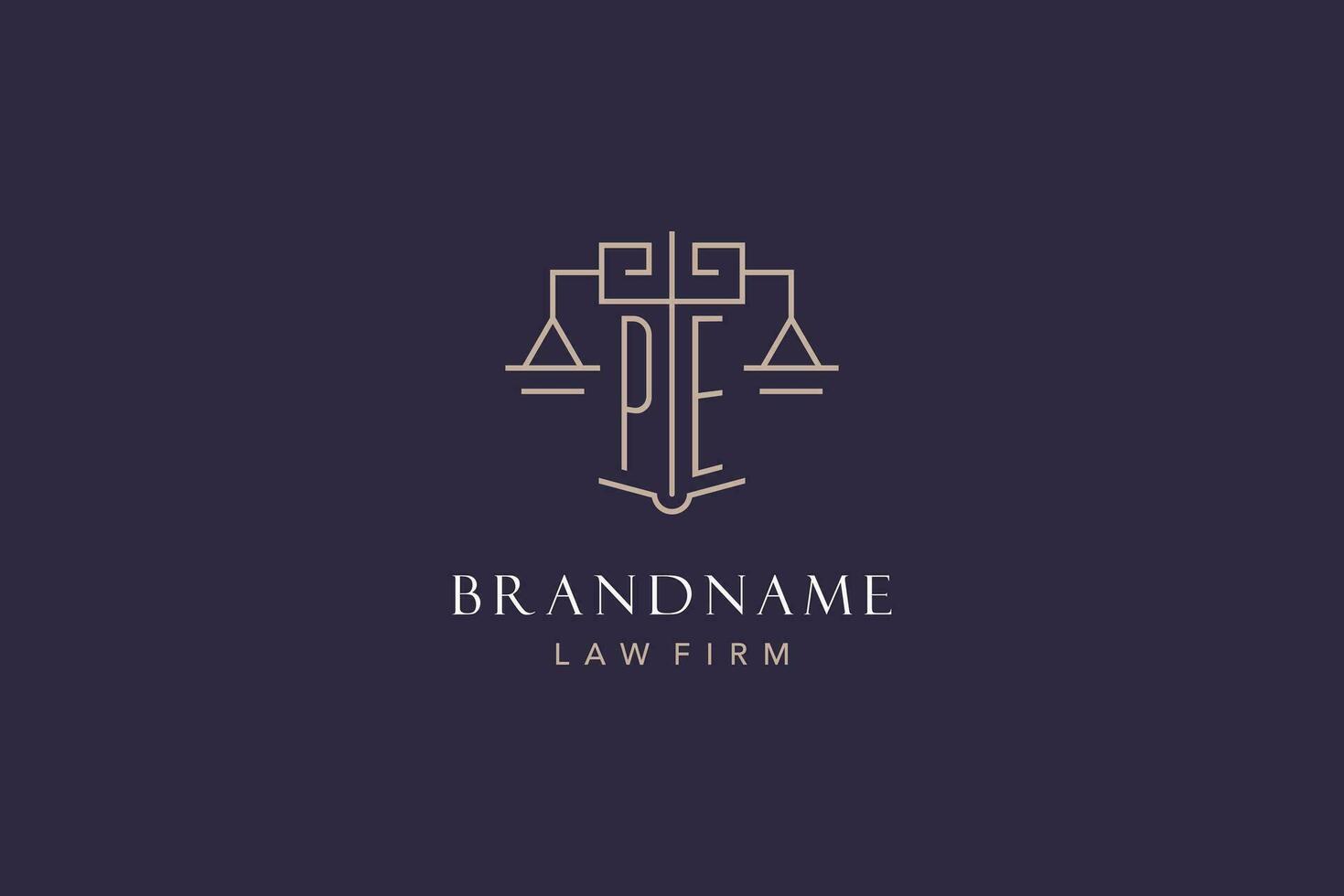 Initial letter PE logo with scale of justice logo design, luxury legal logo geometric style vector