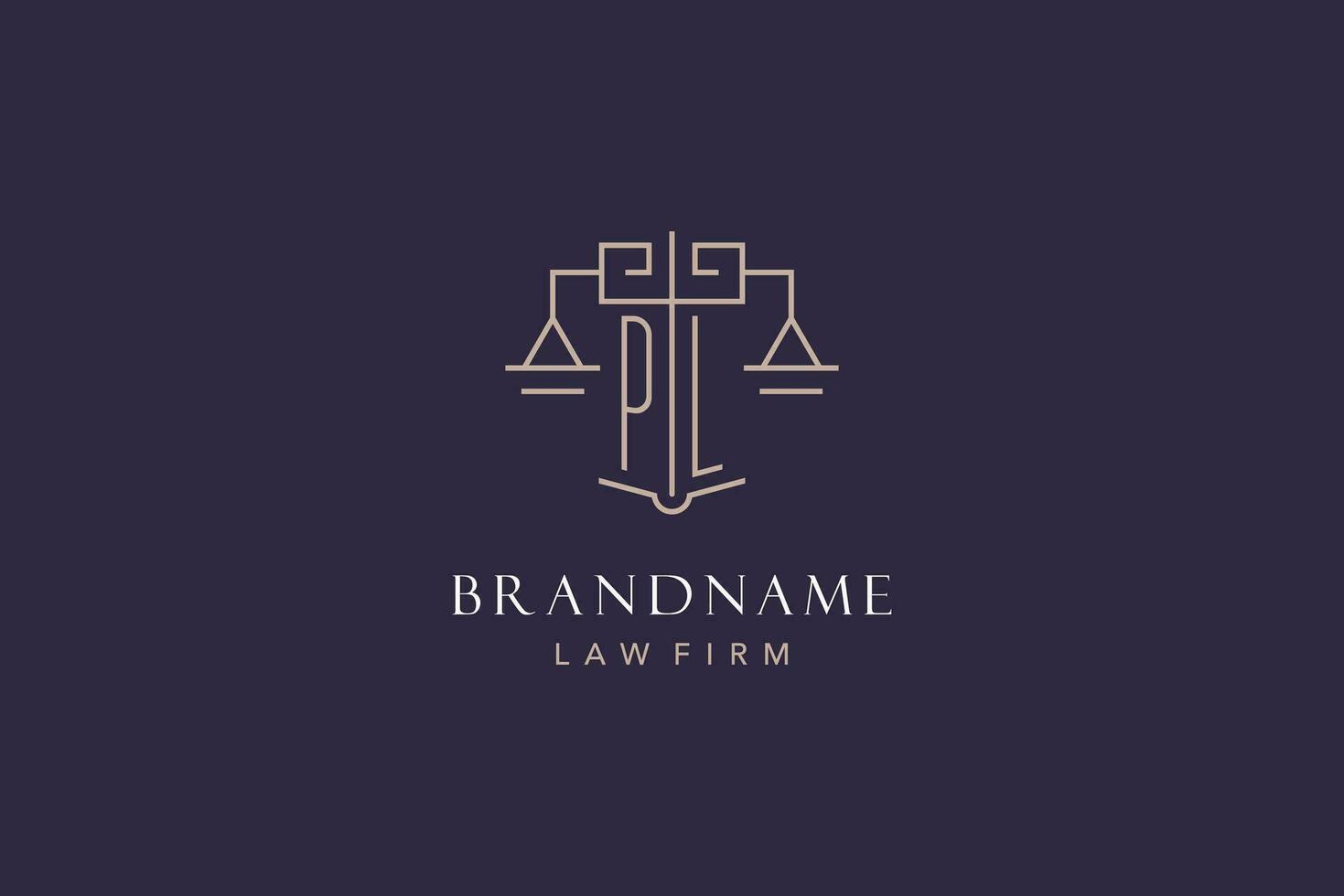 Initial letter PL logo with scale of justice logo design, luxury legal logo geometric style vector