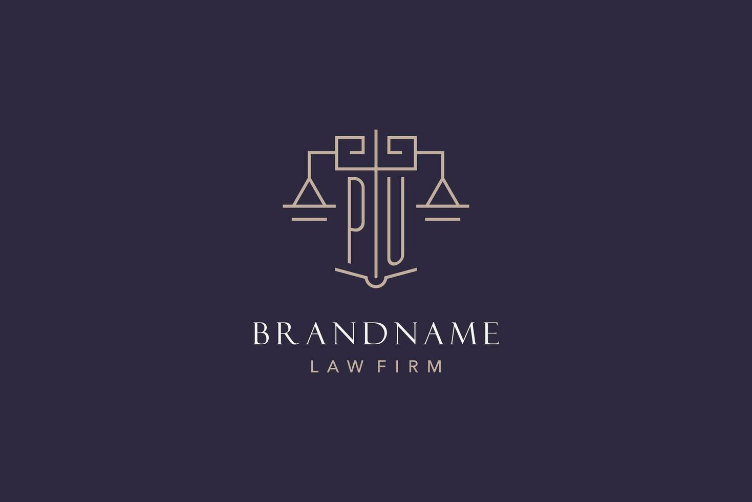 Initial letter PU logo with scale of justice logo design, luxury legal logo geometric style vector