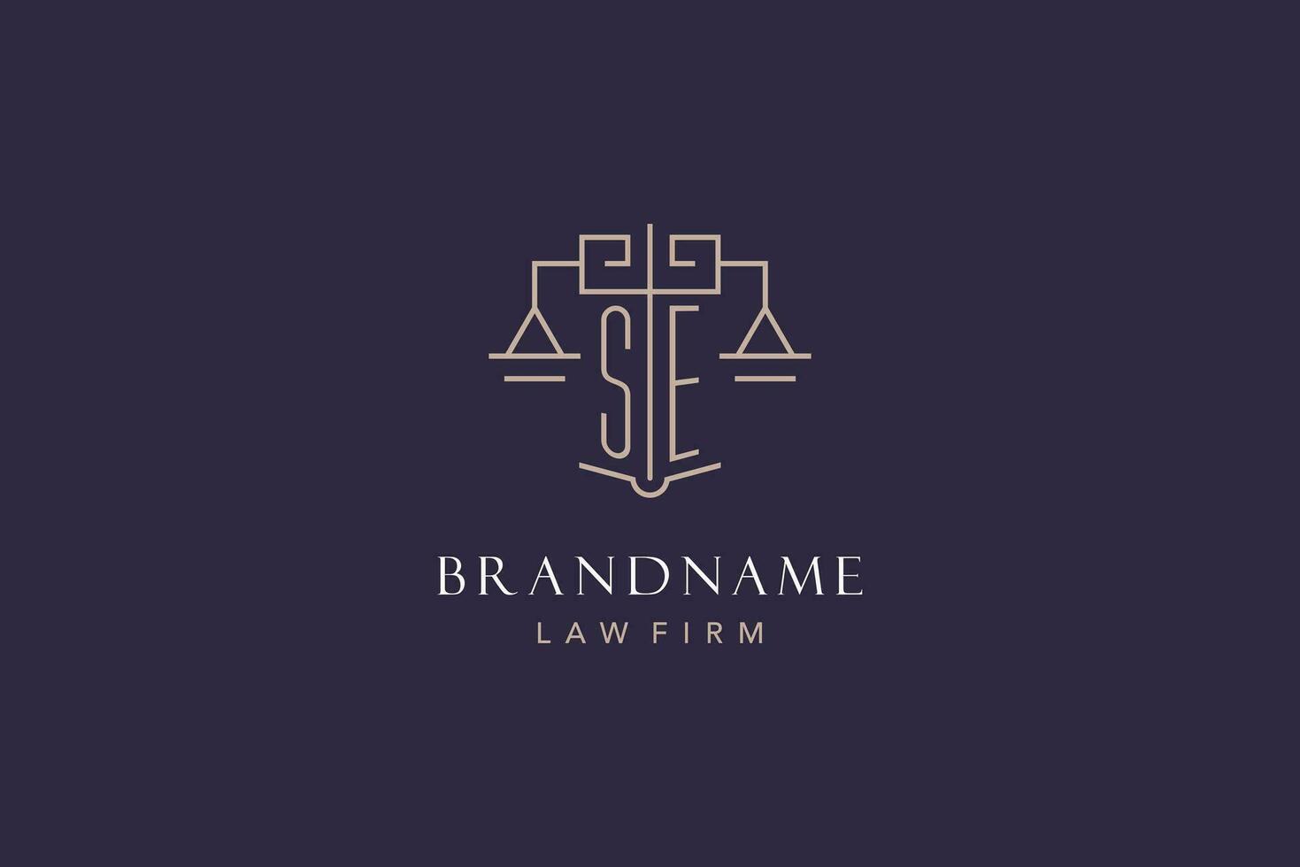 Initial letter SE logo with scale of justice logo design, luxury legal logo geometric style vector