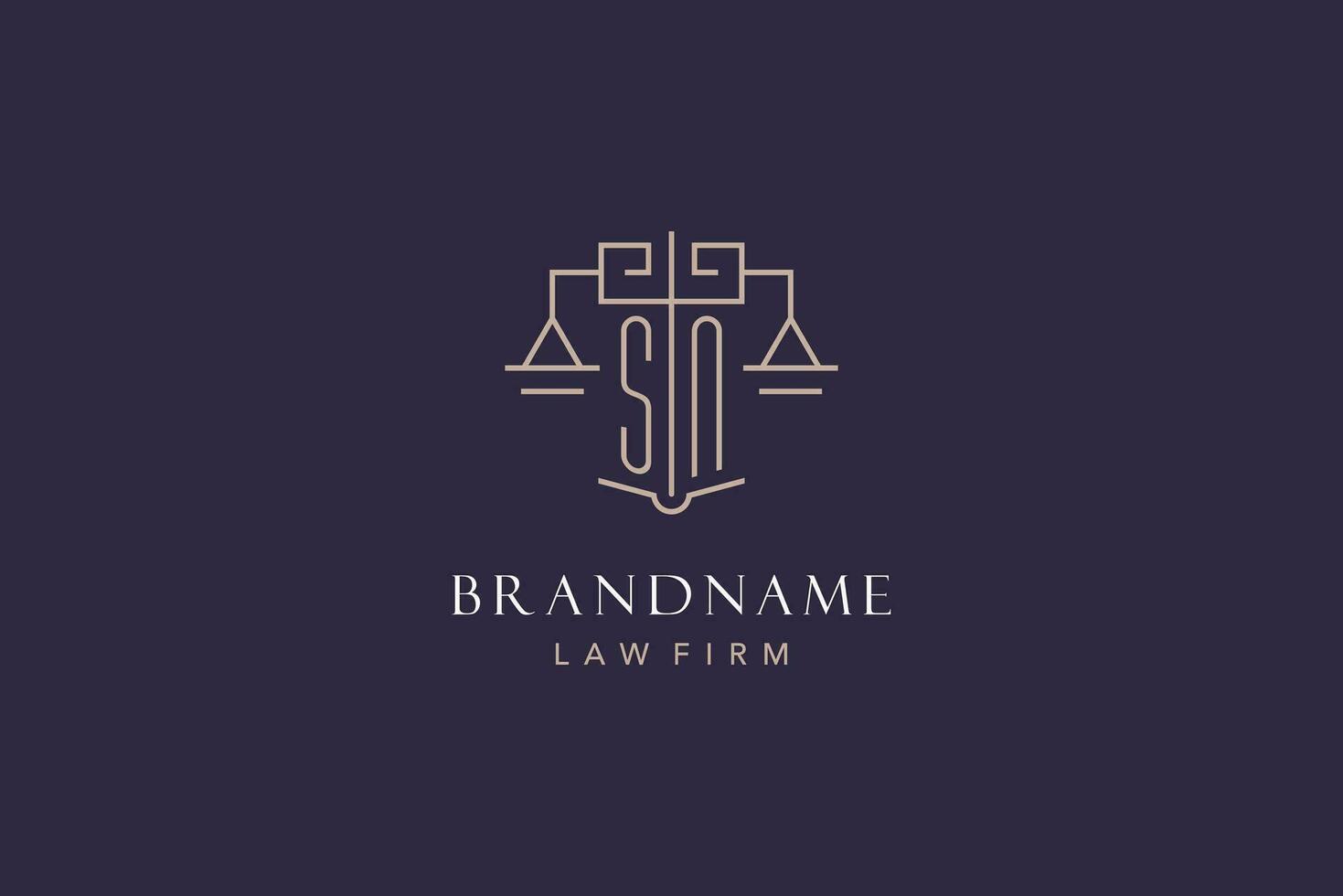 Initial letter SN logo with scale of justice logo design, luxury legal logo geometric style vector