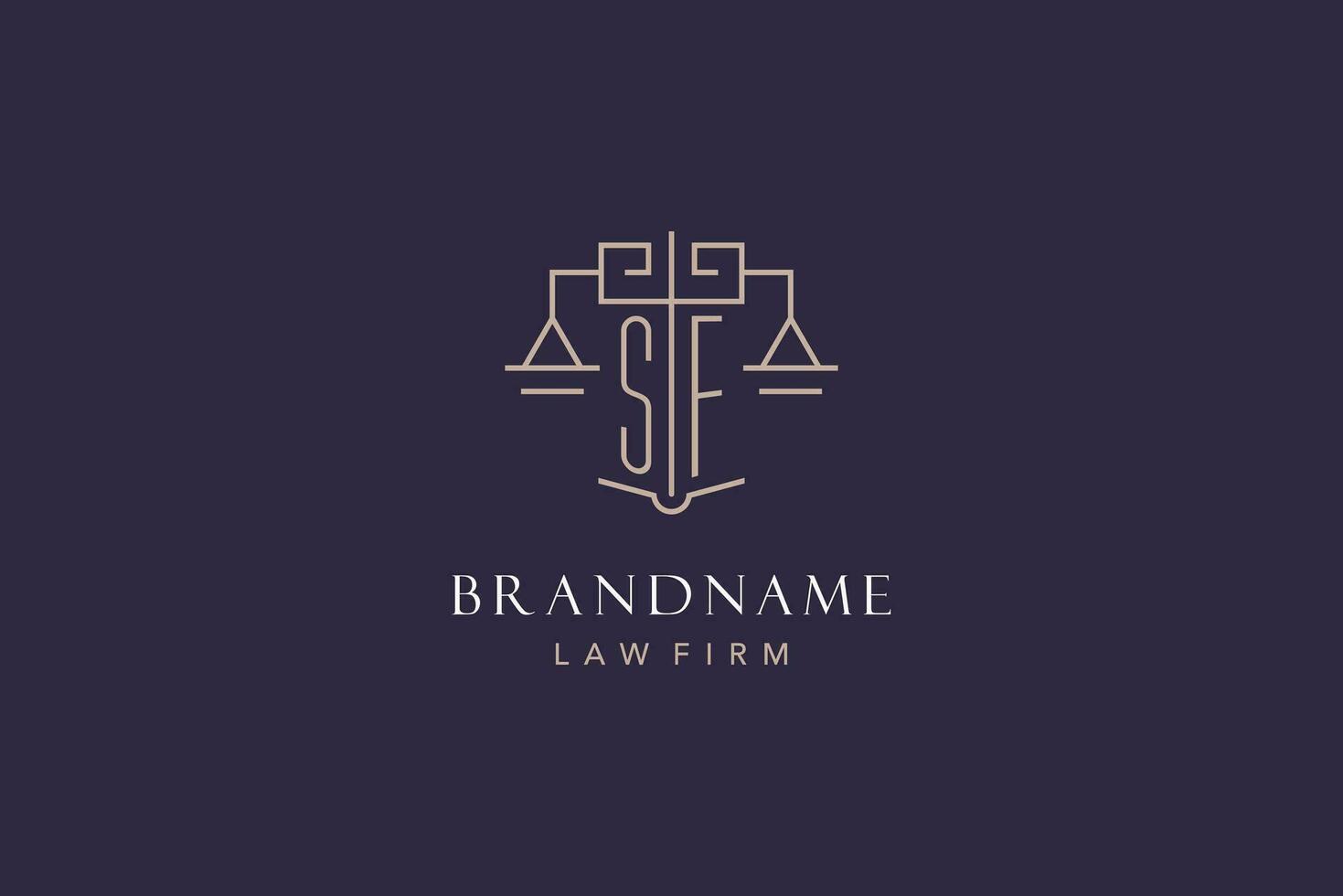 Initial letter SF logo with scale of justice logo design, luxury legal logo geometric style vector