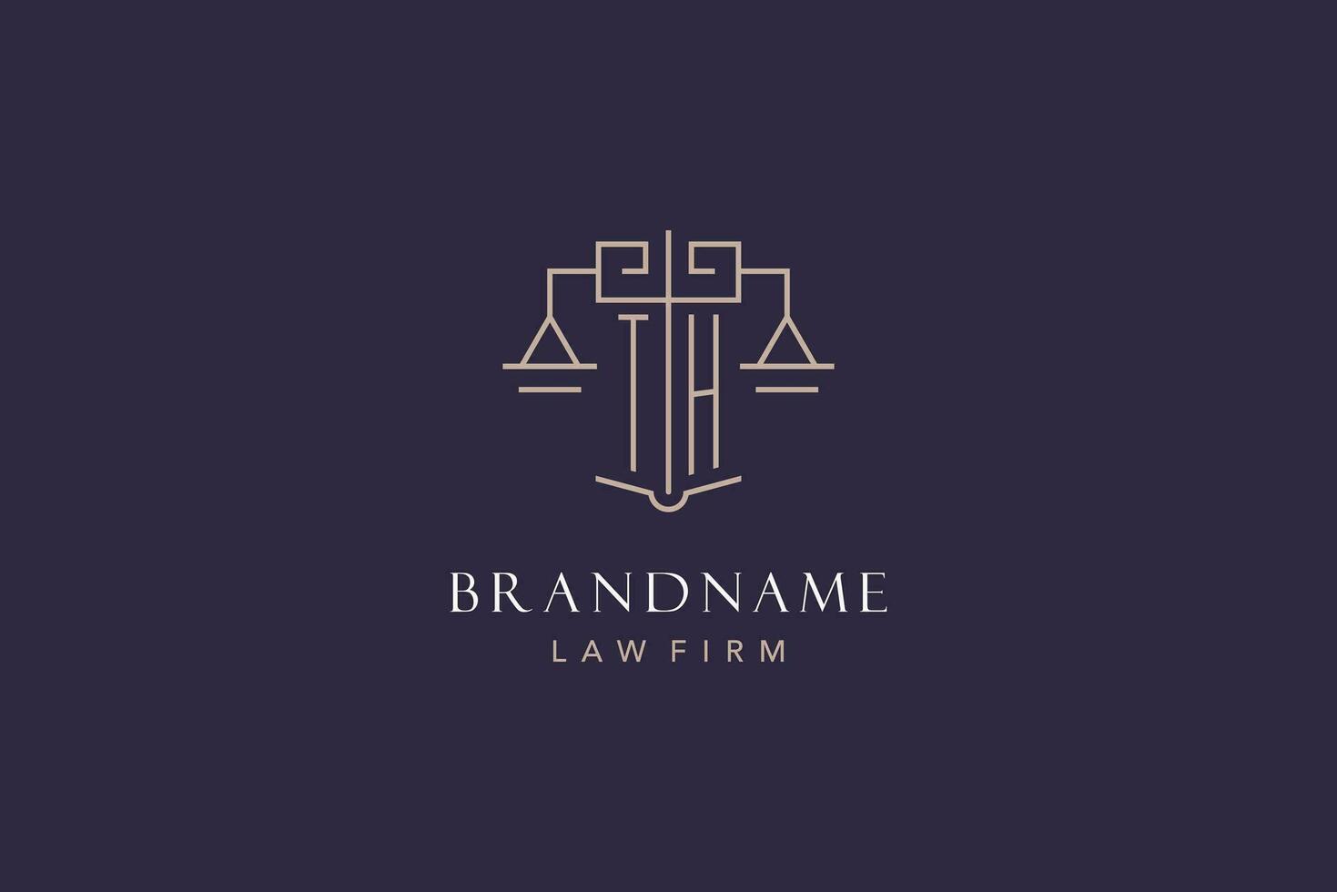 Initial letter TH logo with scale of justice logo design, luxury legal logo geometric style vector