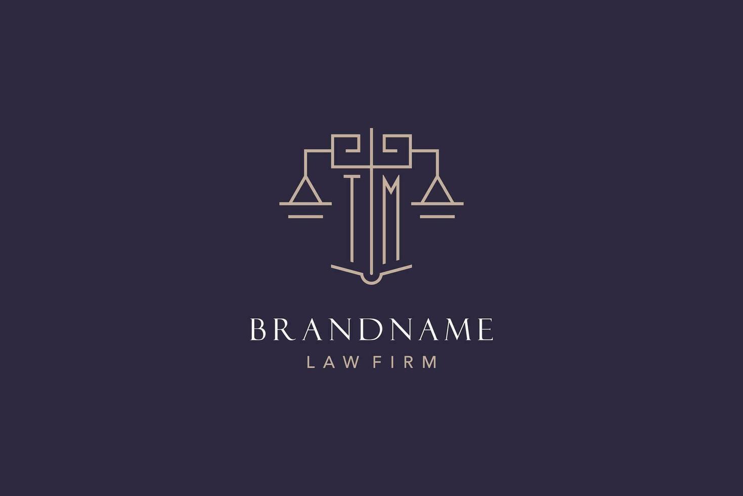 Initial letter TM logo with scale of justice logo design, luxury legal logo geometric style vector