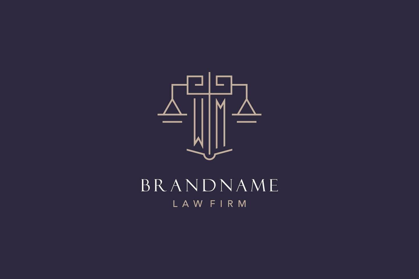 Initial letter WM logo with scale of justice logo design, luxury legal logo geometric style vector