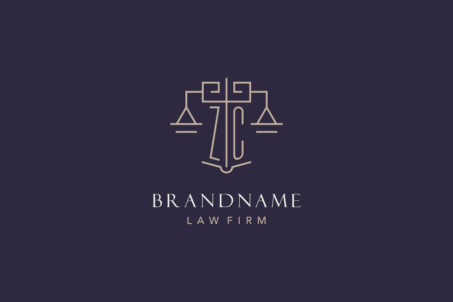 Initial letter ZC logo with scale of justice logo design, luxury legal logo geometric style vector
