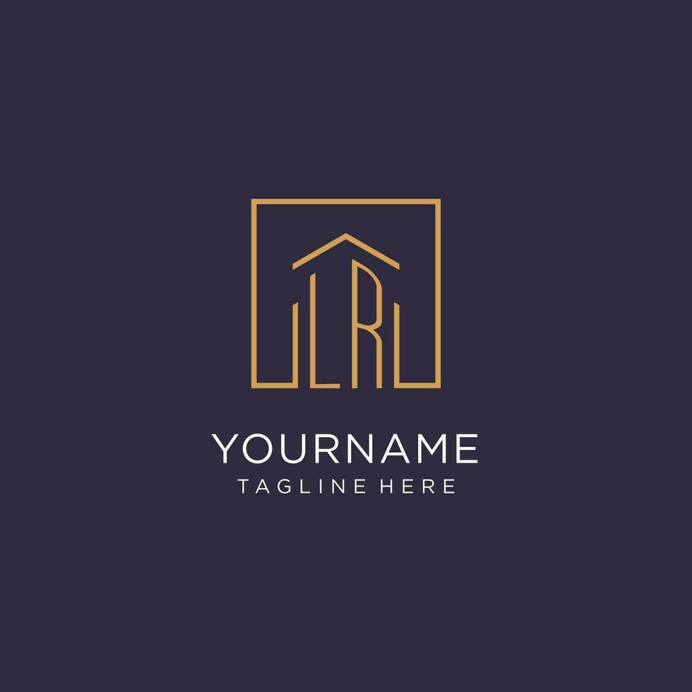 LR initial square logo design, modern and luxury real estate logo style vector