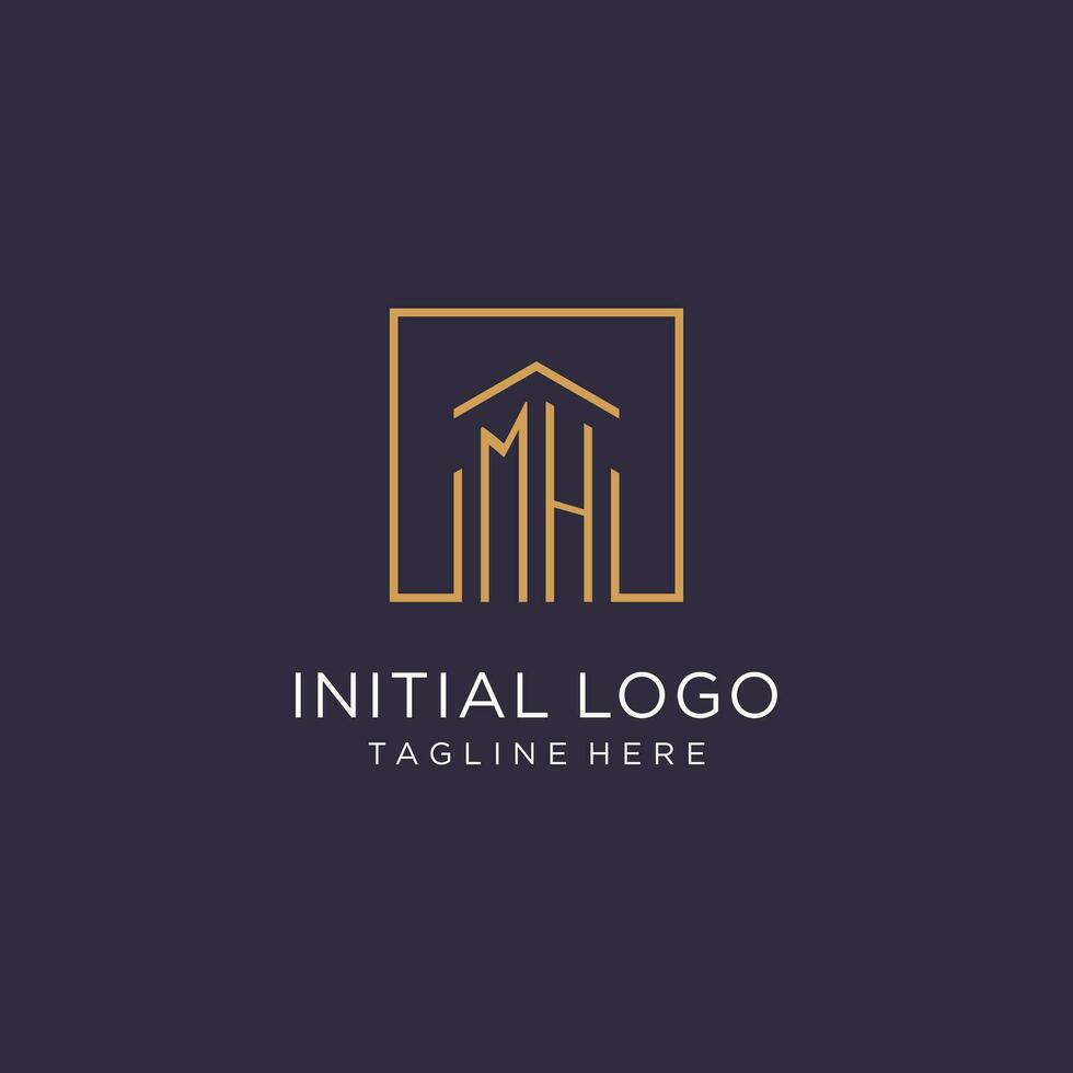 MH initial square logo design, modern and luxury real estate logo style vector