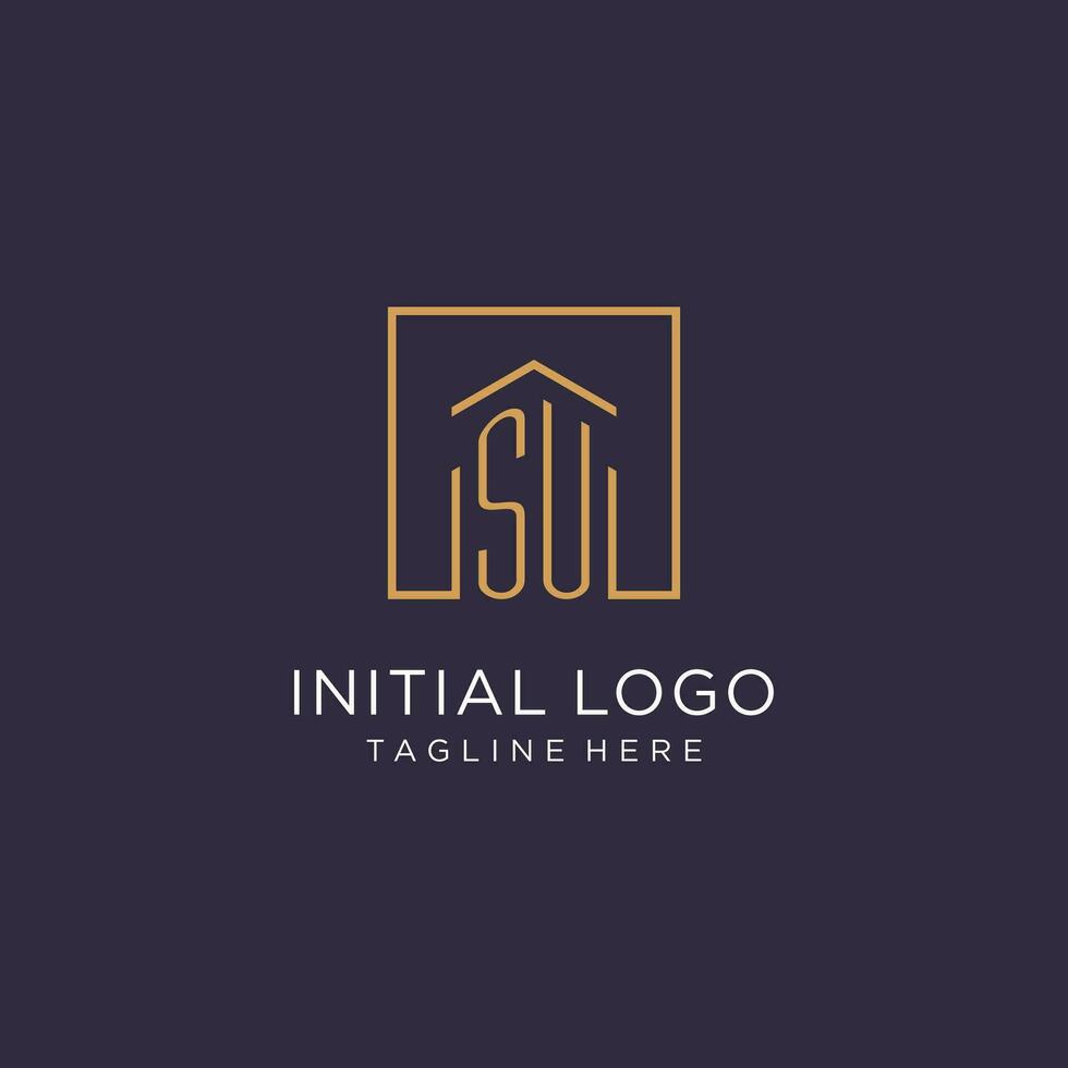 SU initial square logo design, modern and luxury real estate logo style vector
