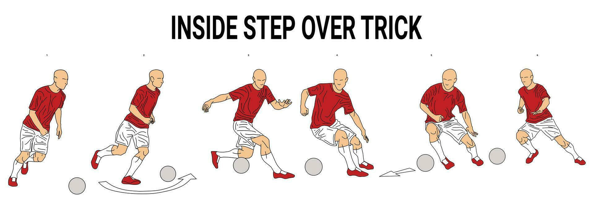 Inside step over trick images for soccer sports education, suitable for sports books, sports applications, sports manuals, and more vector