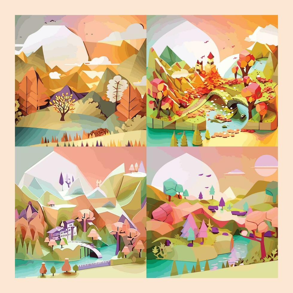 3D Paper Cut Effect Landscape Cliparts vector