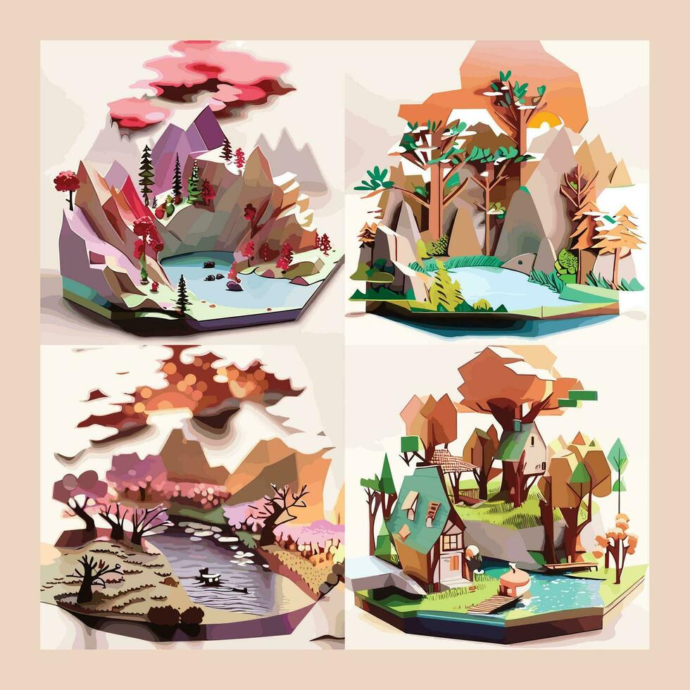 3d papel cortar efecto paisaje clipart vector