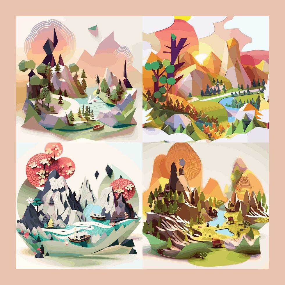 3d papel cortar efecto paisaje clipart vector