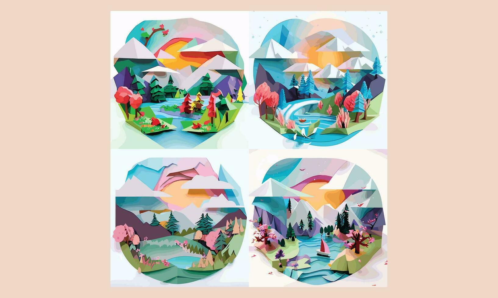 3D Paper Cut Effect Landscape Cliparts vector