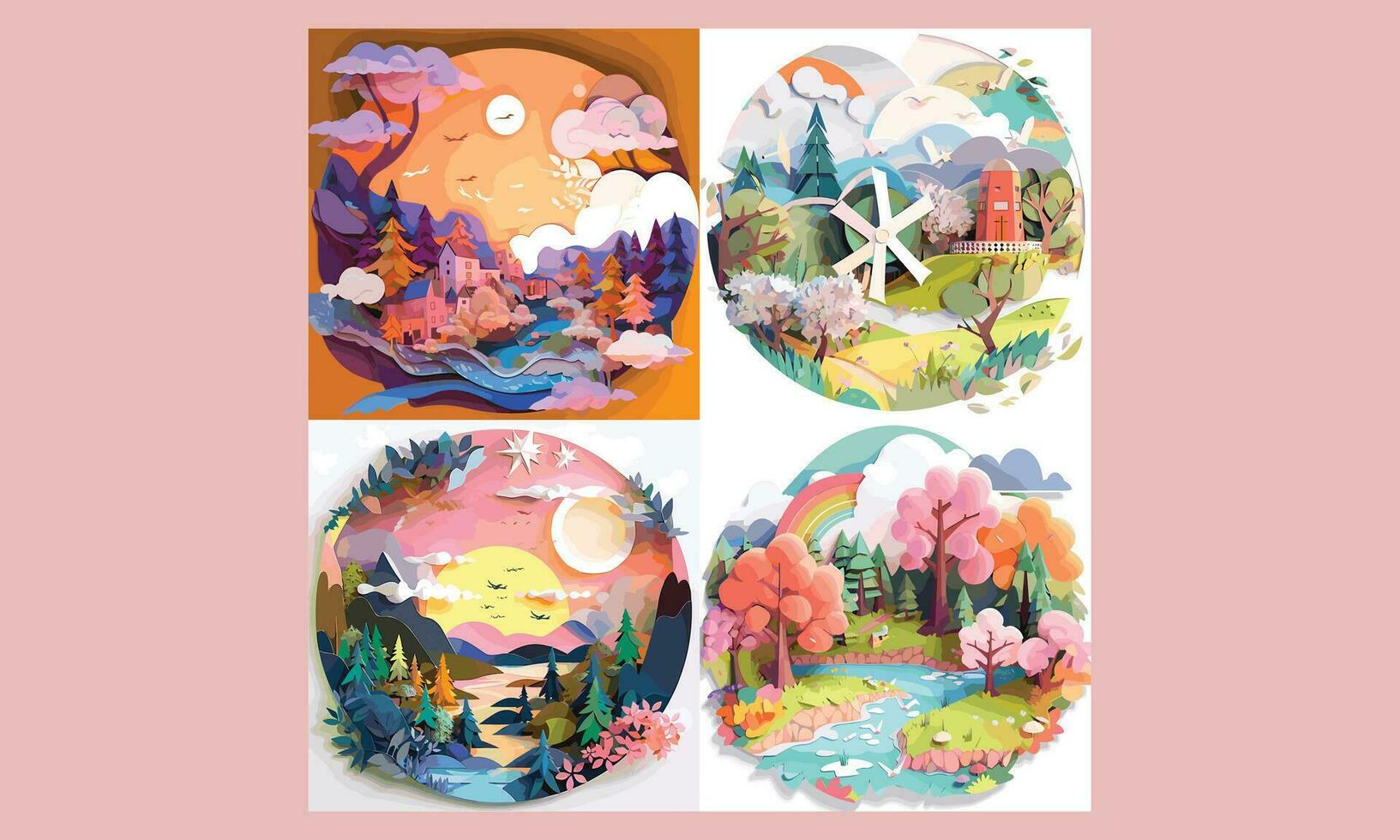 3D Paper Cut Effect Landscape Cliparts vector