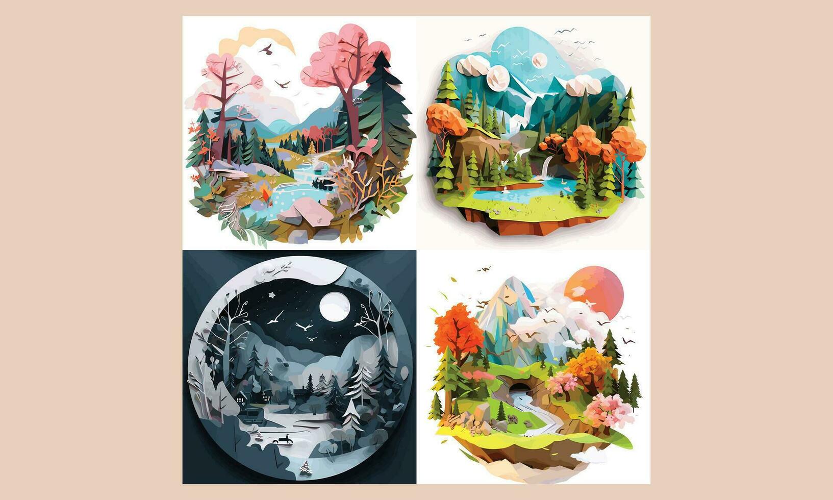 3D Paper Cut Effect Landscape Cliparts vector