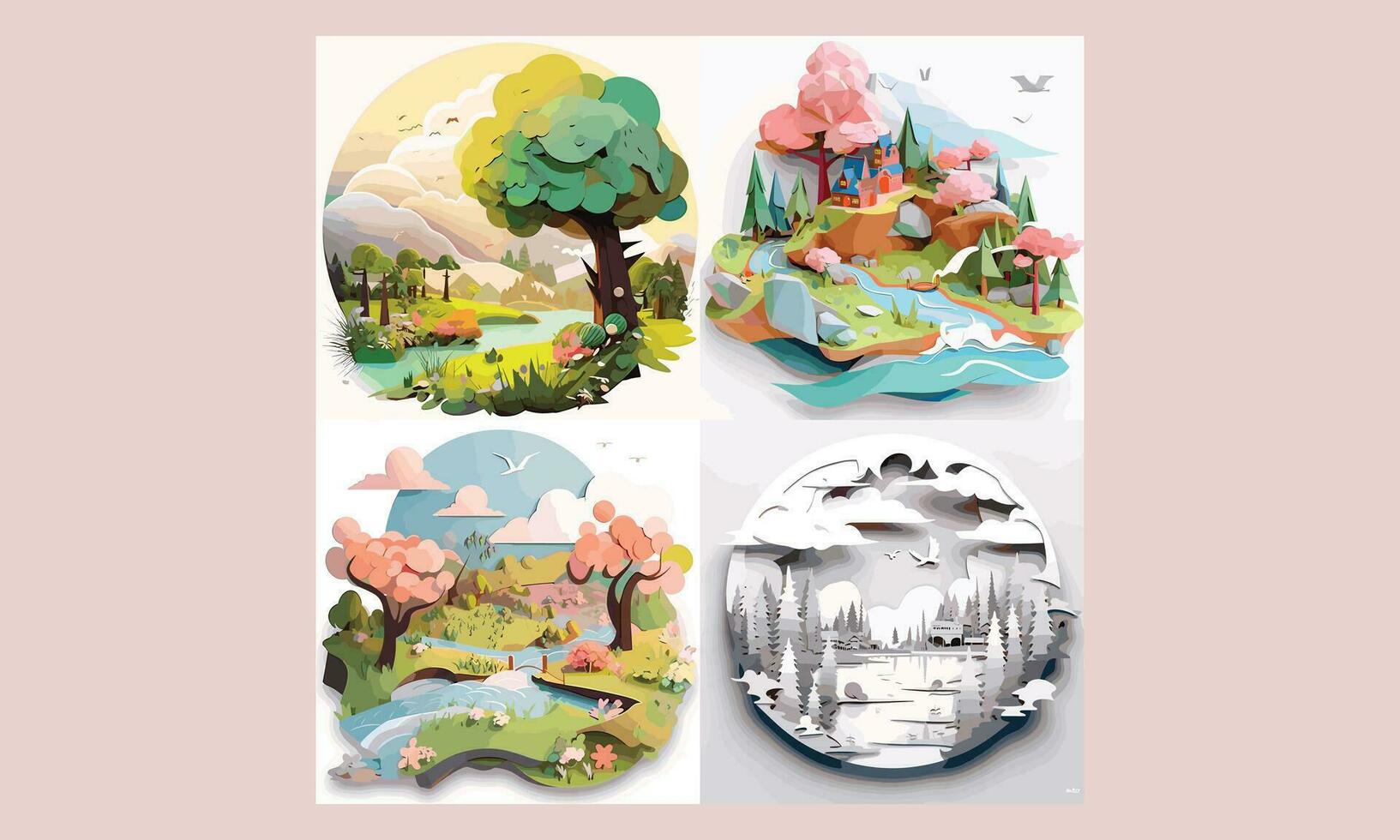 3d papel cortar efecto paisaje clipart vector