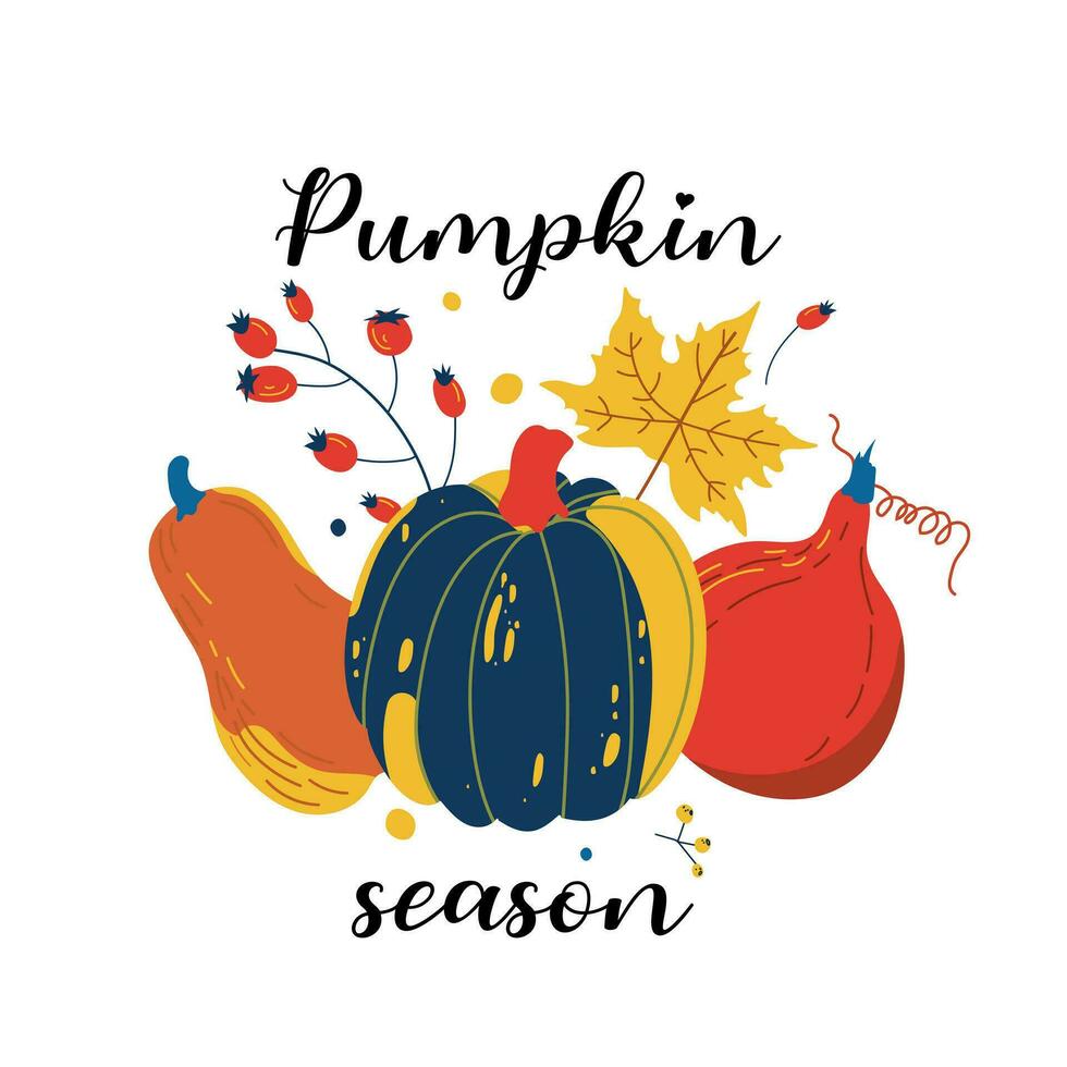 Greeting card with Hello autumn text and pumpkins.Autumn harvest. Hand painted bright pumpkins with leaves isolated on white background. Botanical illustration with lettering for design vector