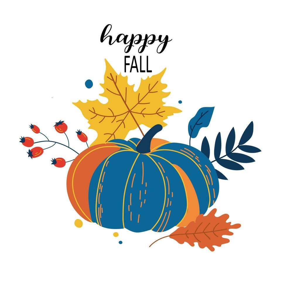 Greeting card with Hello autumn text and pumpkin.Autumn harvest. Hand painted bright pumpkin with leaves isolated on white background. Botanical illustration with lettering for design vector