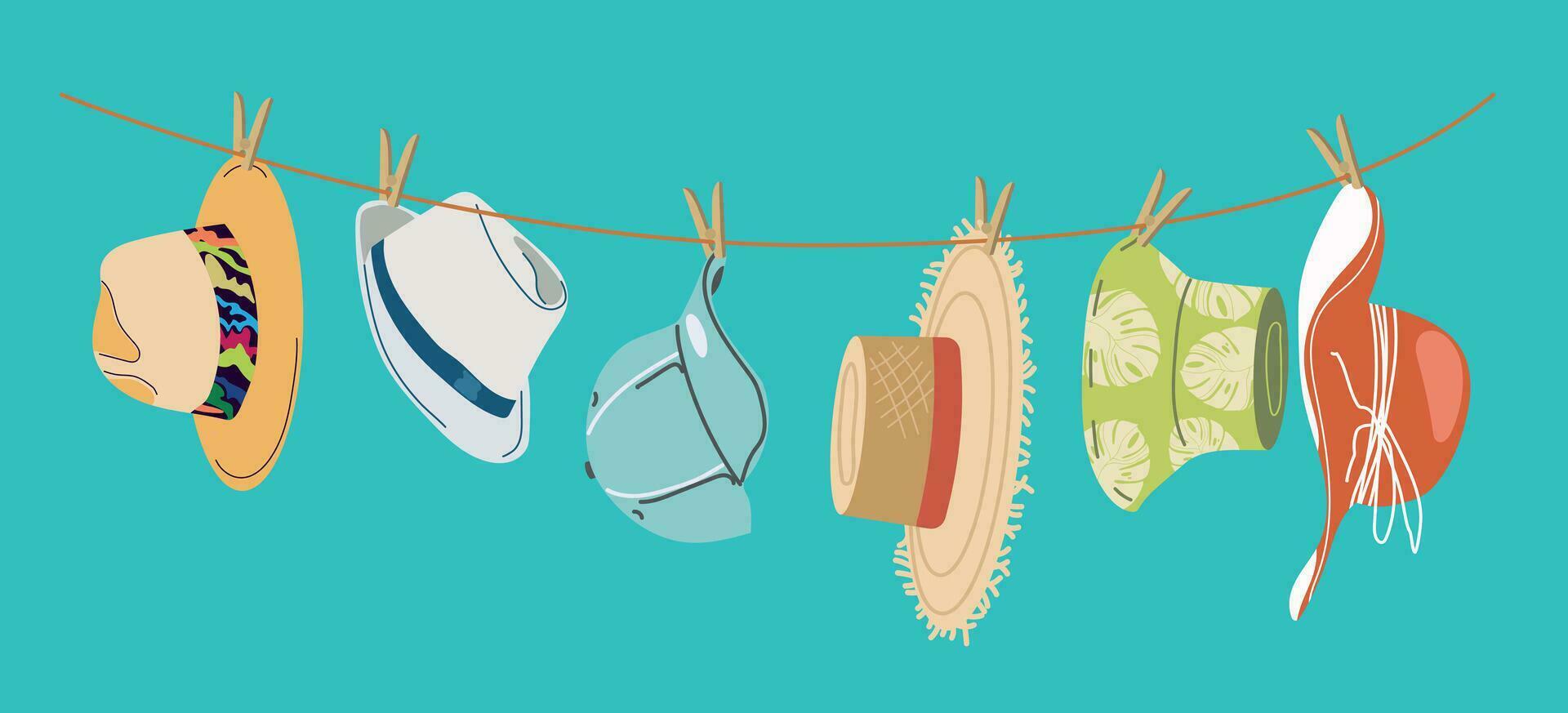 Hats are hanging on a rope. Summer hats men's and women's vector set. Fashion, summer, agriculture or farming concept