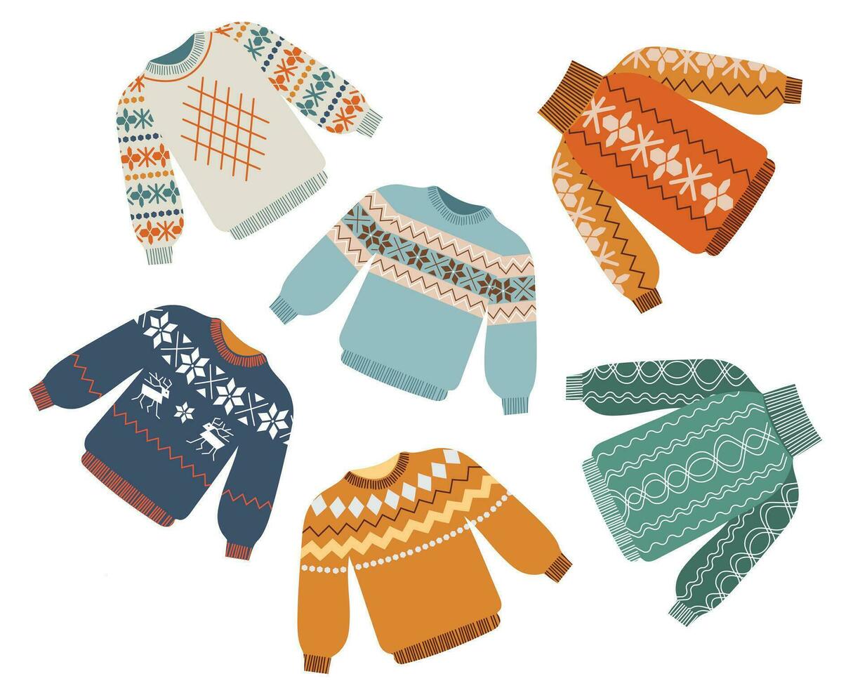 dibujado a mano vector ilustraciones de calentar invierno y otoño de lana suéteres . de moda plano diseño elementos de invierno ropa. vector ilustración