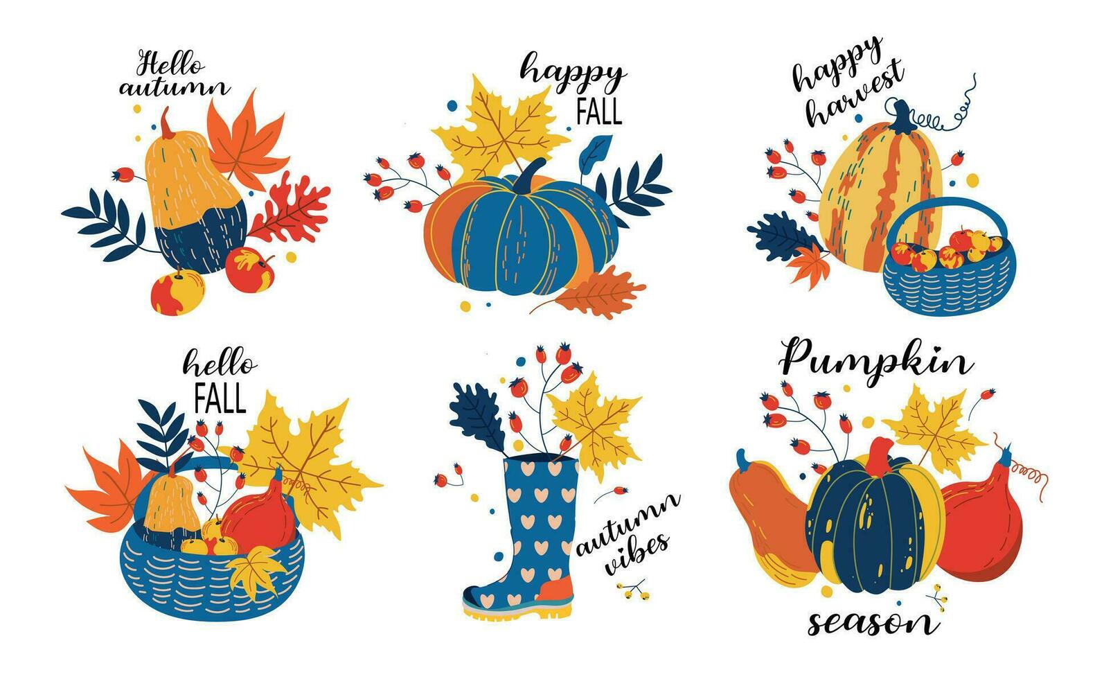 mano dibujado otoño acortar Arte conjunto con letras. naranja, verde calabazas y otoño hojas, manzanas, botas, cesta, leña menuda, bayas.calabaza estación. vector