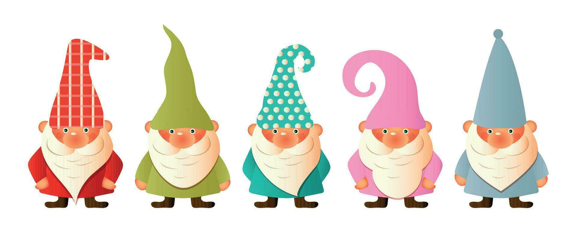 conjunto de linda jardín gnomos aislado en un blanco antecedentes. dibujar vector ilustración bandera diseño gnomo planta en jardín para primavera dibujos animados estilo