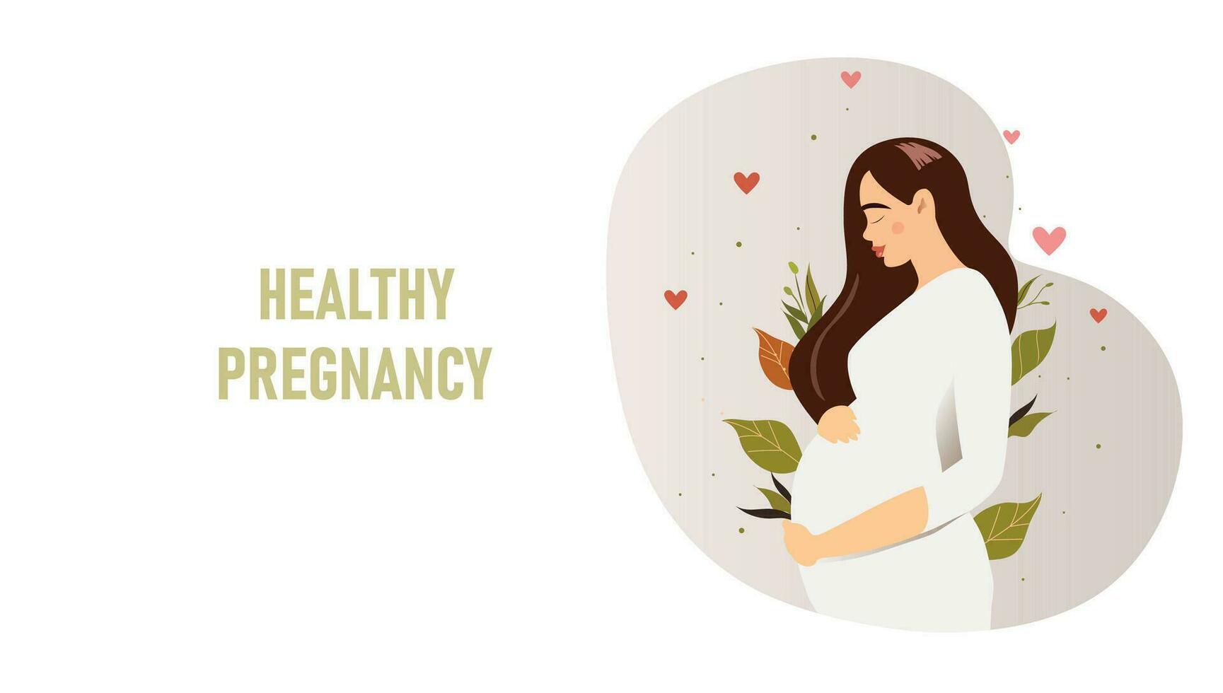 Pretty pregnant woman with long hair on the background of green leaves.Pregnancy banner. Concept of pregnancy, motherhood, family. Side view of a pregnant woman's belly.Vector illustration. vector