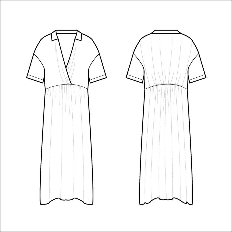 Ladies Long Dress, Maxi Dress Flat Sketch vector