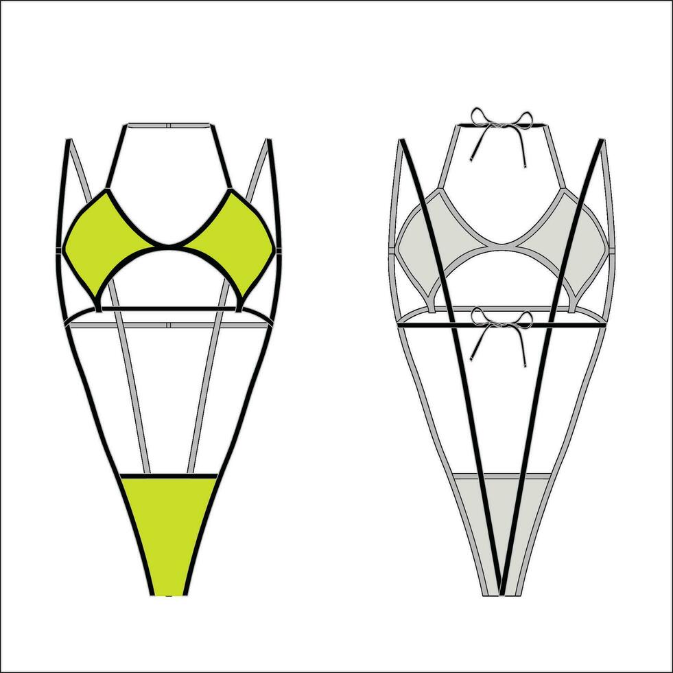 Ladies' swimsuit flat sketch, CAD template vector