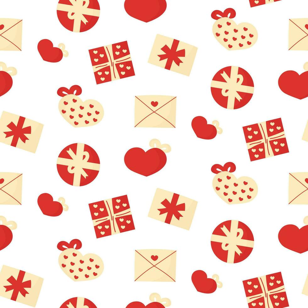 Seamless pattern with red gift boxes for valentines day or christmas. Bows and lines for wrapping. vector