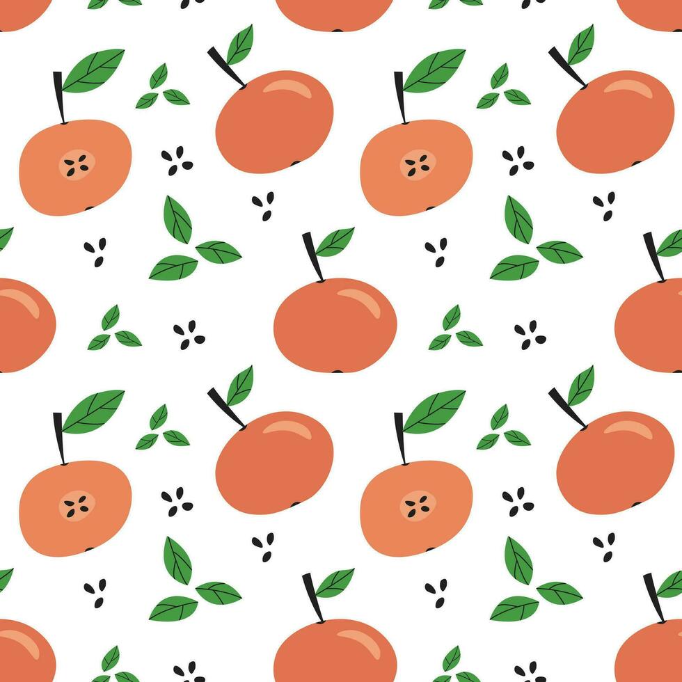 Apples red doodle seamless pattern in cartoon style. Textile fabric fruit with seeds. vector