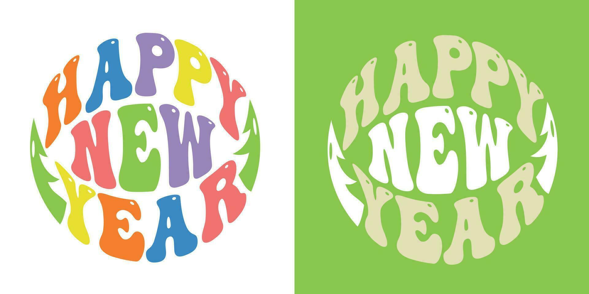 Happy New Year text. Retro slogan in round shape. Hand drawn letters. Inscription for prints, postcards, posters, socials, banners, stickers and seasonal design. vector