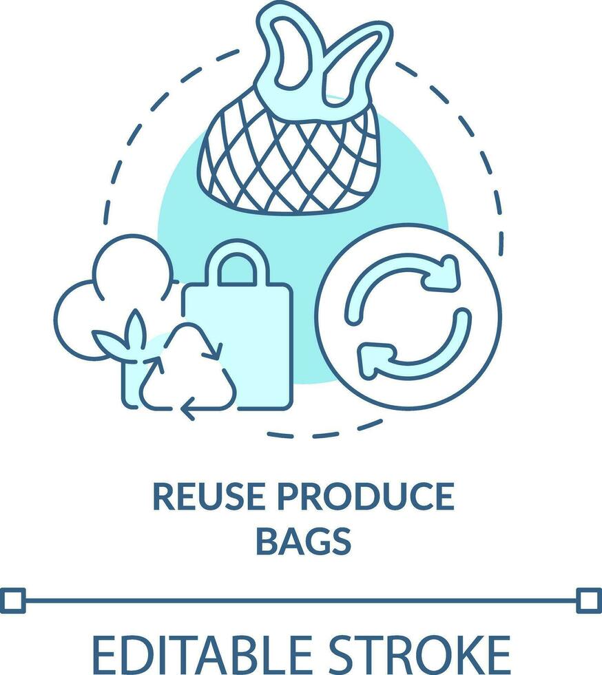 Reuse produce bags turquoise concept icon. Zero waste shopping abstract idea thin line illustration. Reusable tote bags. Isolated outline drawing. Editable stroke vector