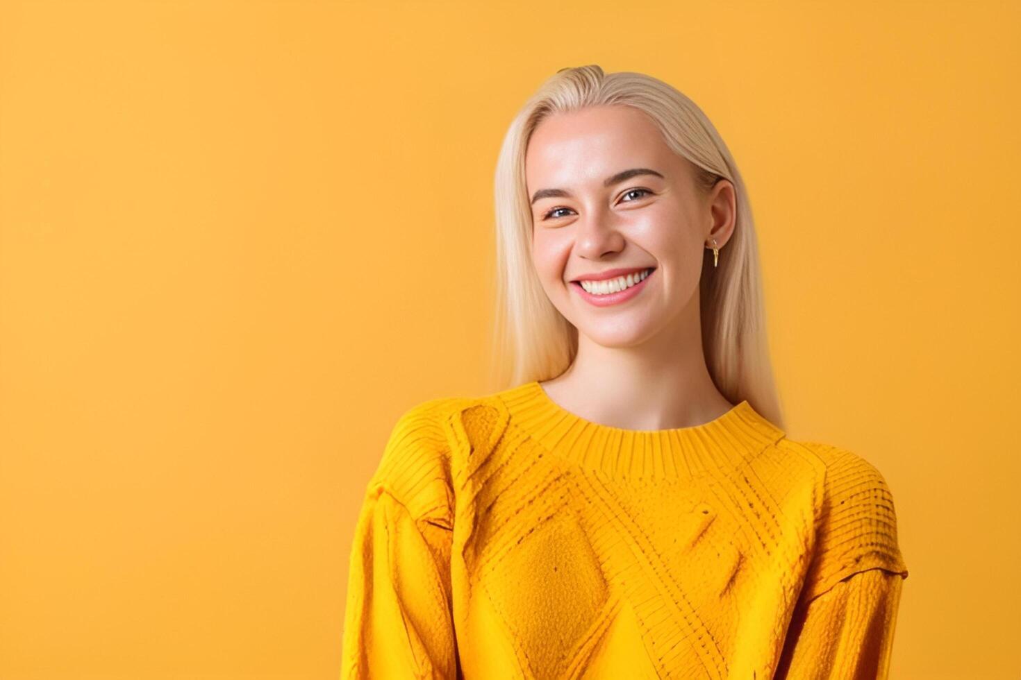 A woman with blonde hair and a yellow sweater smiles photo