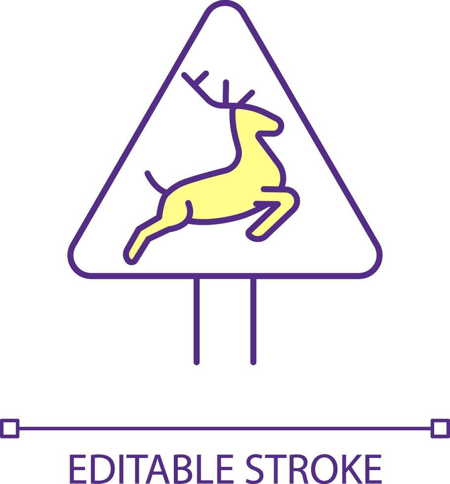 Deer crossing road sign RGB color icon. Warning signage. Watch for wildlife at highway. Prevent car accident. Isolated vector illustration. Simple filled line drawing. Editable stroke