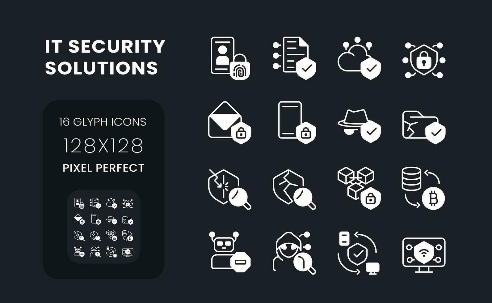 IT security solutions white solid desktop icons set. Information privacy. Data protection. Pixel perfect 128x128, outline 4px. Symbols for dark theme. Glyph pictograms. Vector isolated images