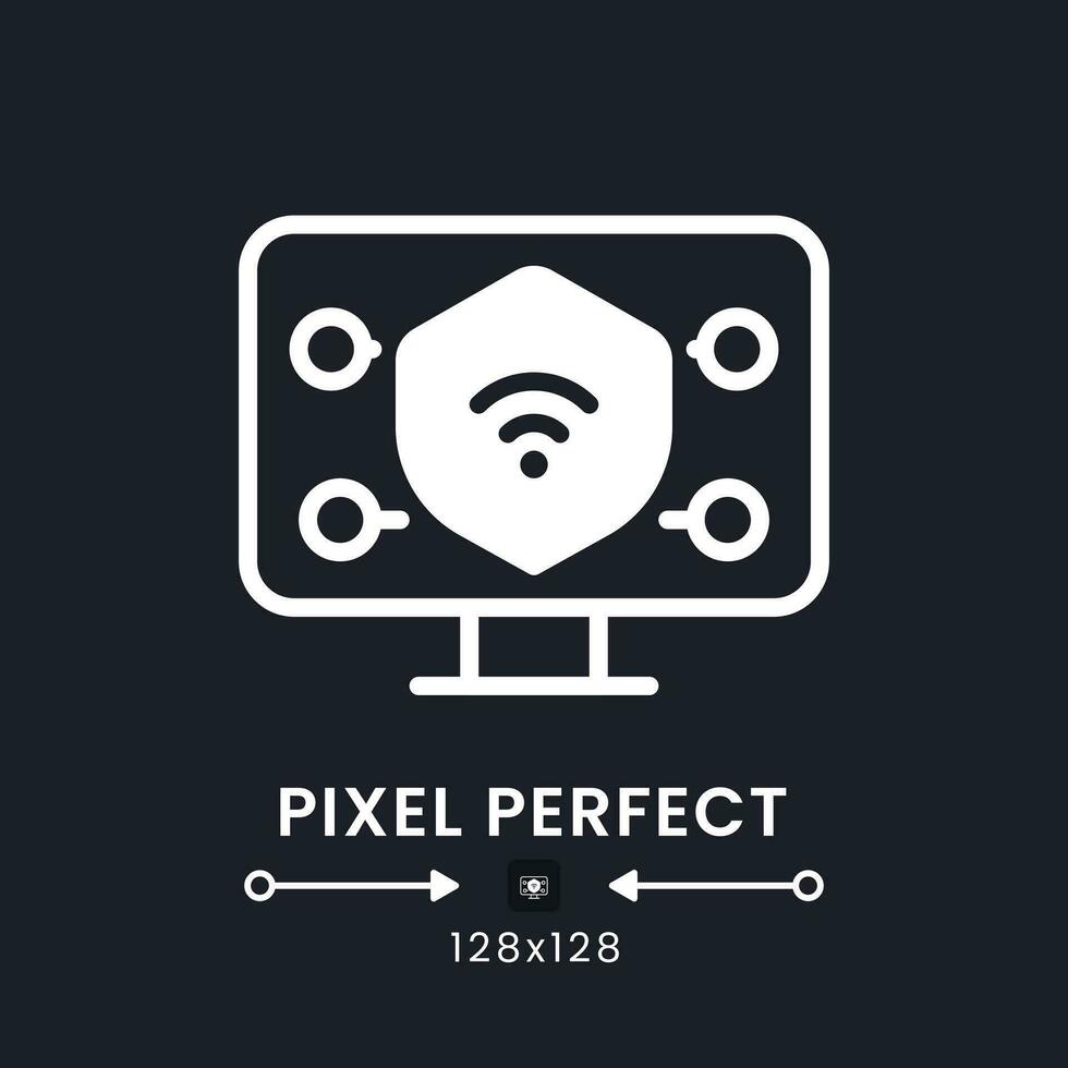 Endpoint security white solid desktop icon. Device management. Antivirus protection. Pixel perfect 128x128, outline 4px. Silhouette symbol for dark mode. Glyph pictogram. Vector isolated image