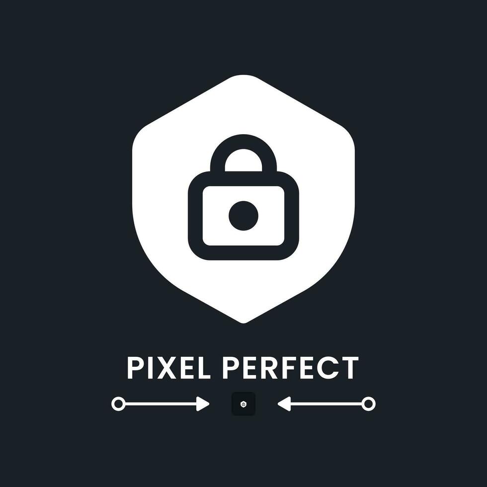 Protection white solid desktop icon. Shield with lock. System security. Internet privacy. Pixel perfect 128x128, outline 4px. Silhouette symbol for dark mode. Glyph pictogram. Vector isolated image