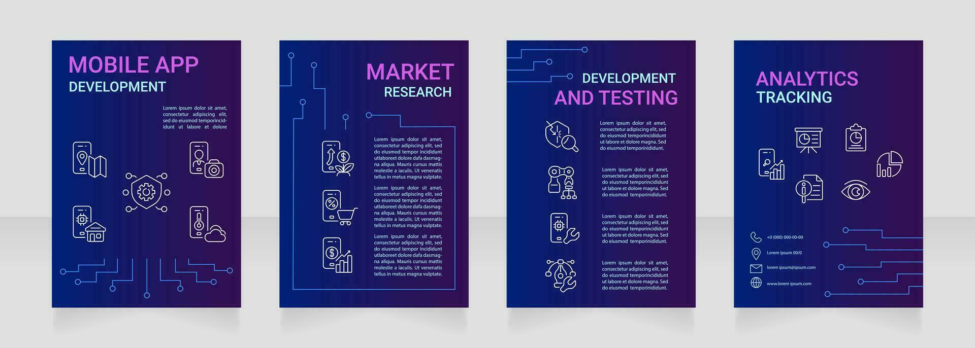 Mobile app development purple premade brochure template. Digital marketing. Programming tools. Software engineering booklet design with icons, copy space. Editable 4 layouts vector