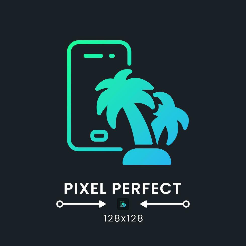 Travel app blue solid gradient desktop icon on black. Trip planning. Online booking. Hotel reservation. Pixel perfect 128x128, outline 4px. Glyph pictogram for dark mode. Isolated vector image