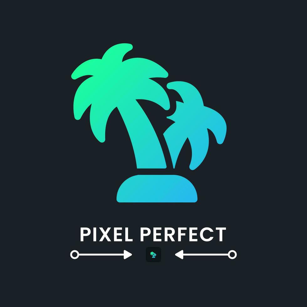 Palm tree blue solid gradient desktop icon on black. Summer vacation. Tropical island. Tourism and travel. Pixel perfect, outline 4px. Glyph pictogram for dark mode. Isolated vector image