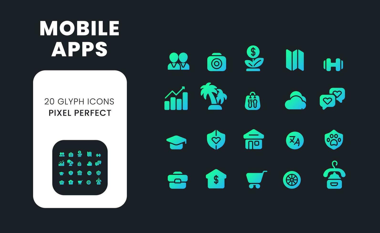 Mobile apps blue solid gradient desktop icons. Digital business. Social media. Online services. E commerce. Pixel perfect, outline 4px. Glyph pictograms kit for dark theme. Isolated vector images