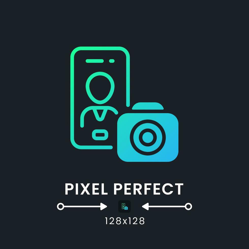 Photography app blue solid gradient desktop icon on black. Photo editing. Mobile phone. Development tool. Pixel perfect 128x128, outline 4px. Glyph pictogram for dark mode. Isolated vector image