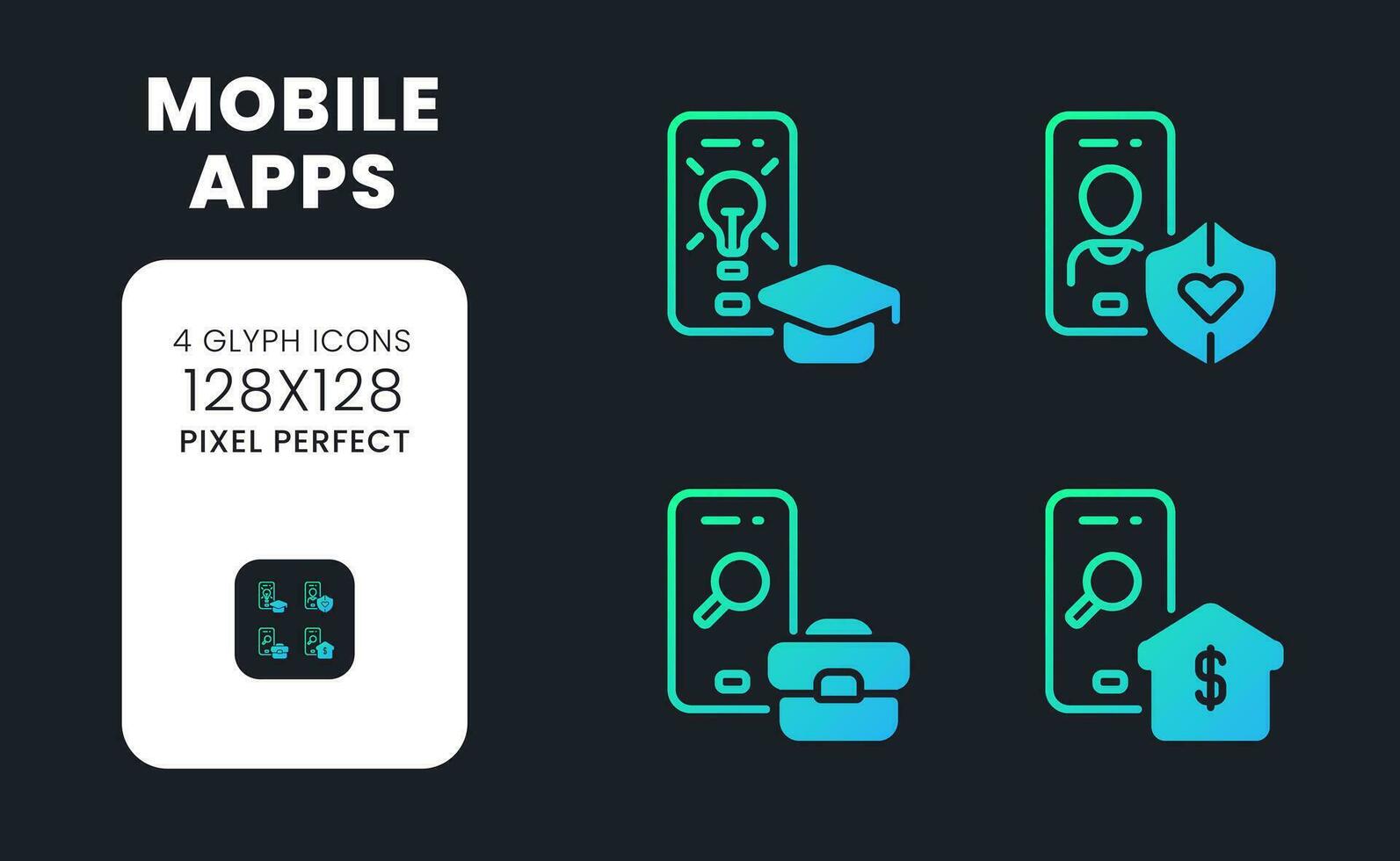 Mobile apps blue solid gradient desktop icons. Cross platform. Online business. Smartphone software. Pixel perfect 128x128, outline 4px. Glyph pictograms kit for dark theme. Isolated vector images
